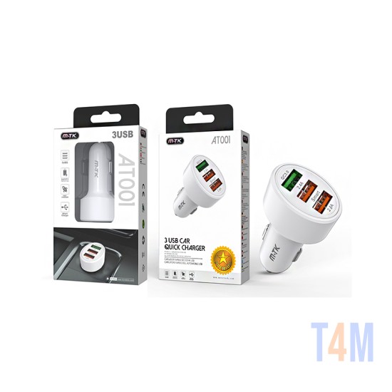 MTK CAR CHARGER ADAPTOR AT001 BL 3 USB PORTS 2.4A WHITE 